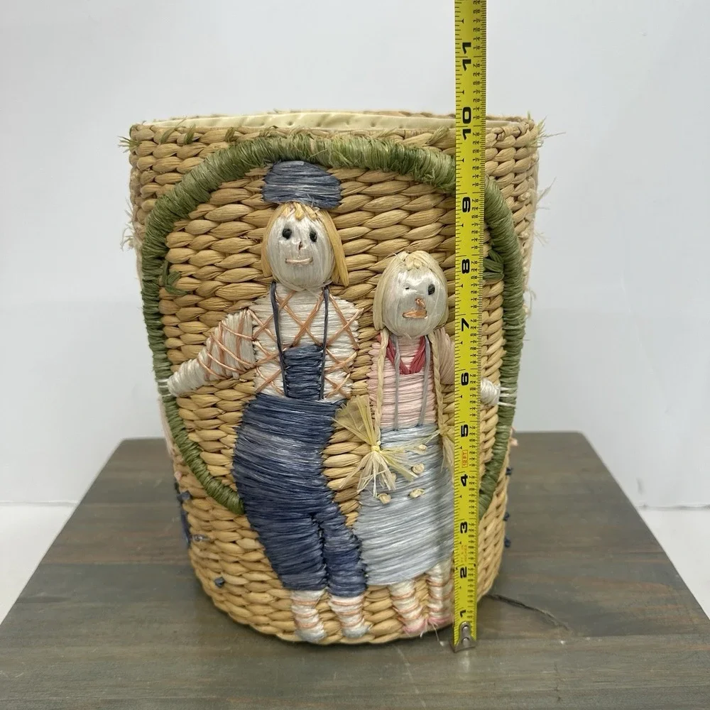 Vintage Woven Straw Raffia Lined Basket Embroidered Scarecrow Whimsical Fall